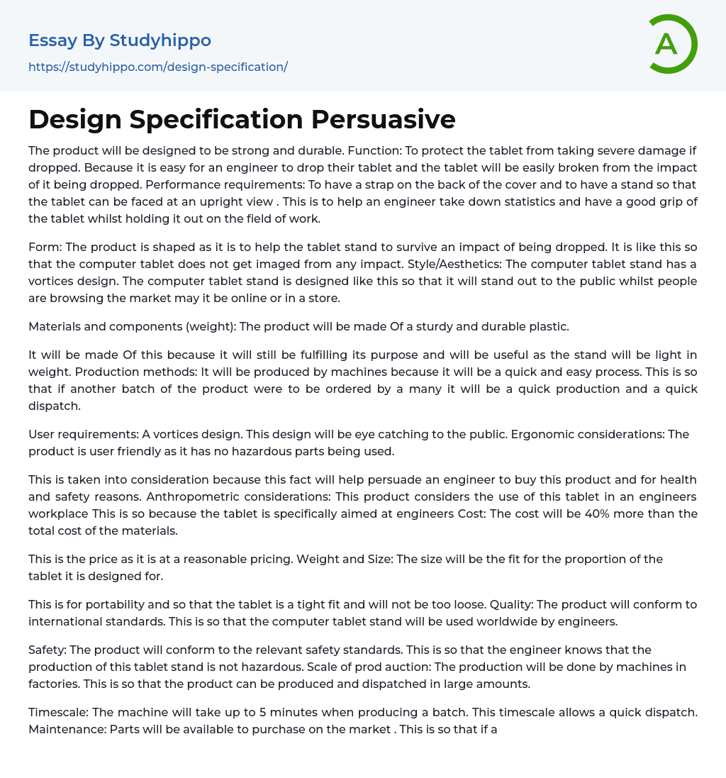 Design Specification Persuasive Essay Example