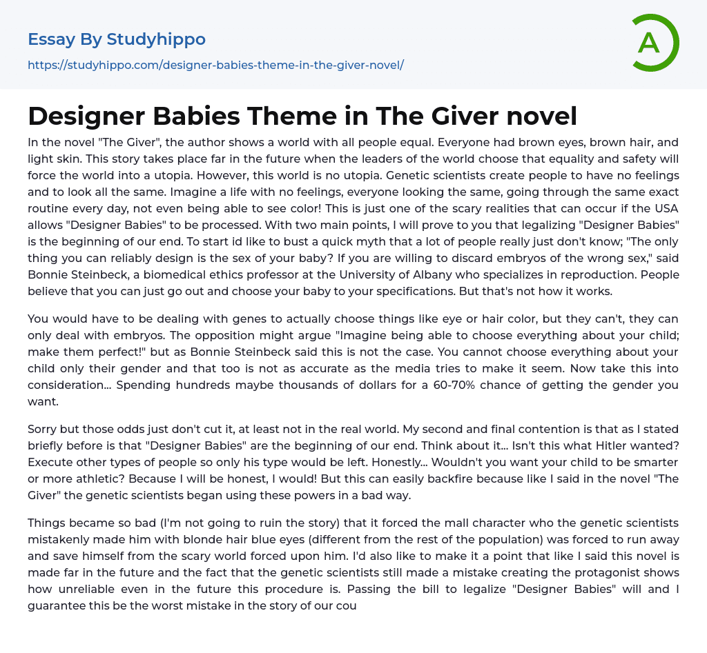Designer Babies Theme in The Giver novel Essay Example