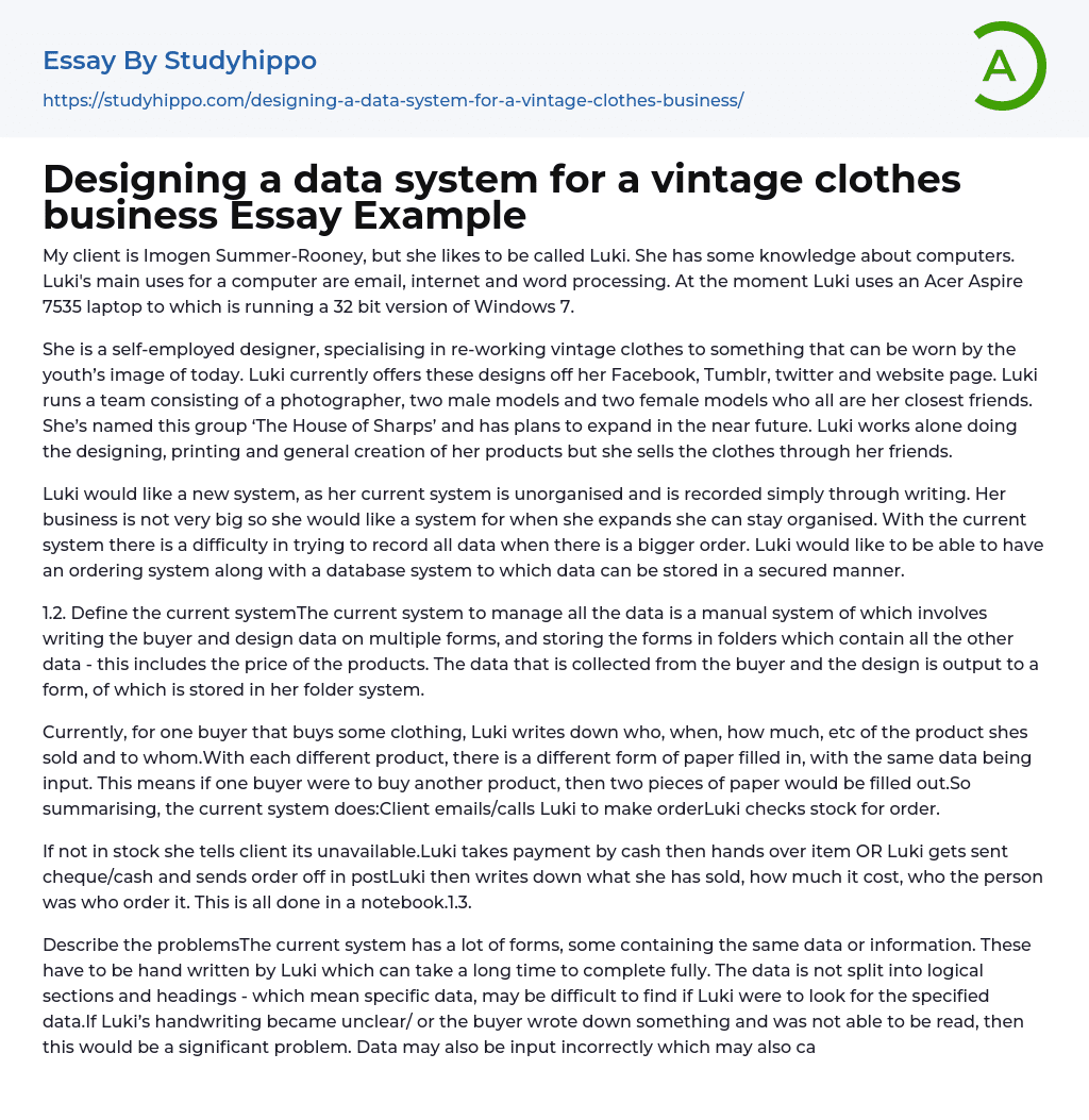 Designing a data system for a vintage clothes business Essay Example
