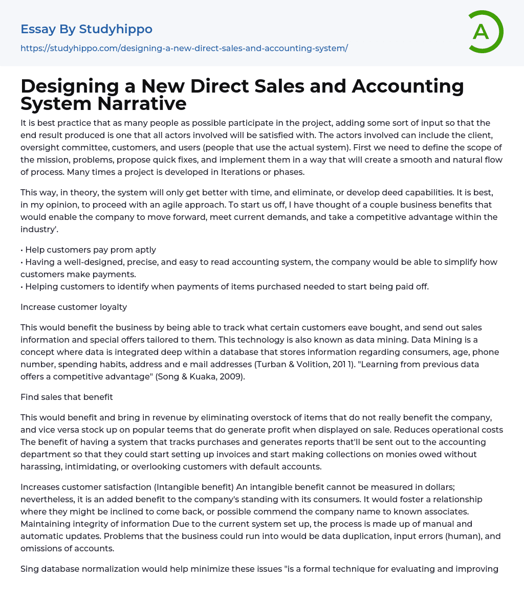 Designing a New Direct Sales and Accounting System Narrative Essay Example