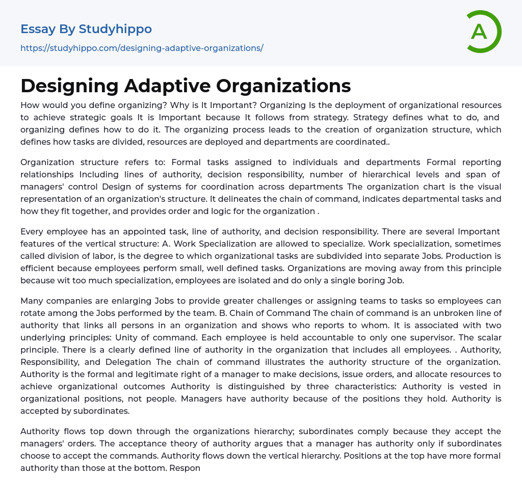 Designing Adaptive Organizations Essay Example