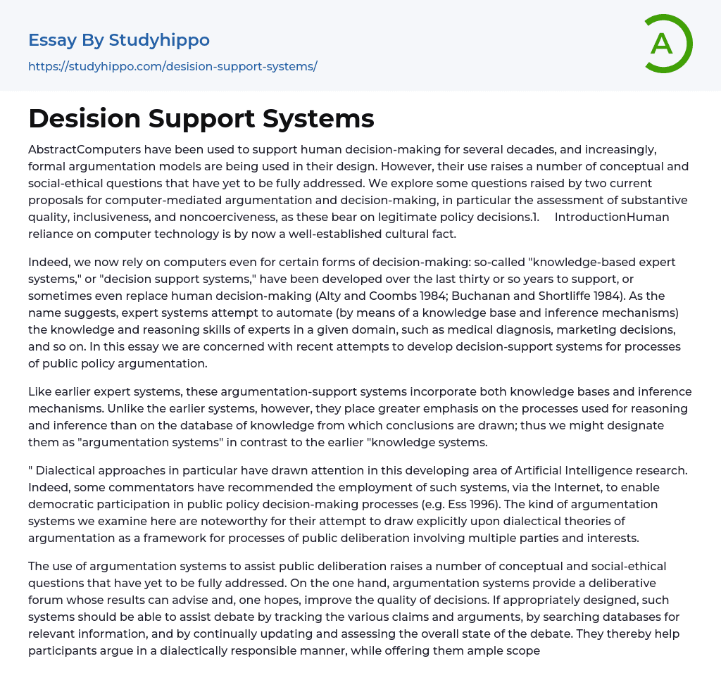 Desision Support Systems Essay Example