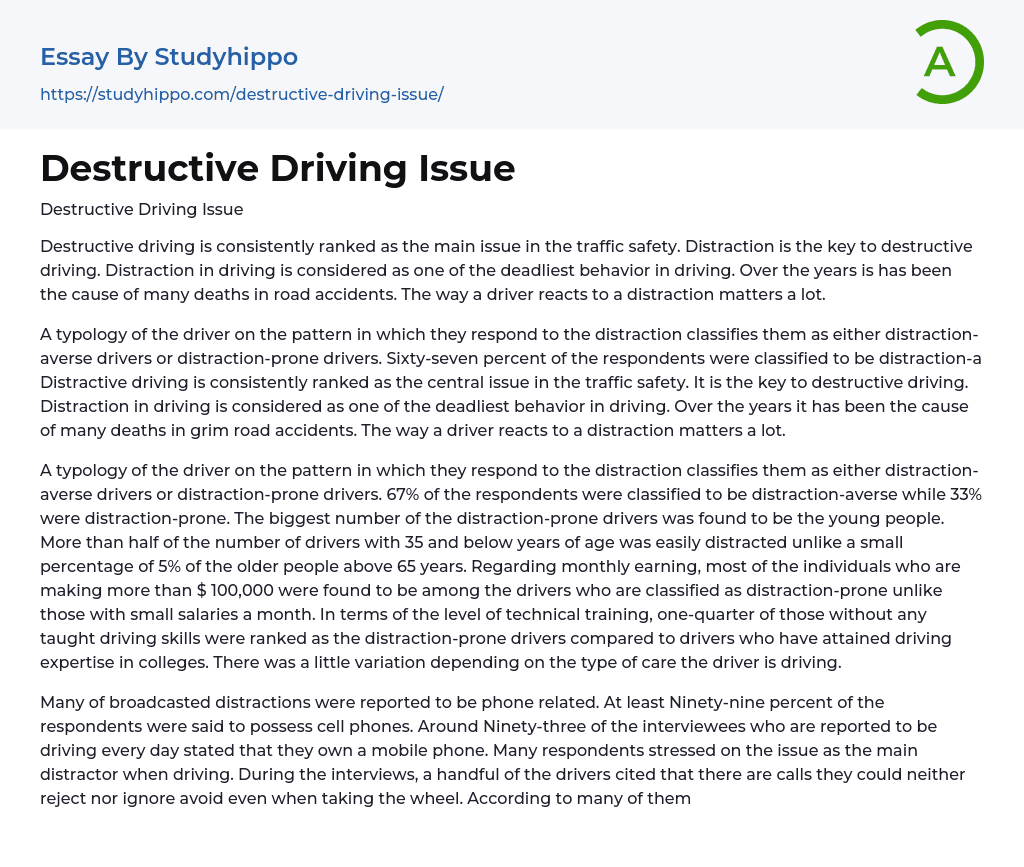 Destructive Driving Issue Essay Example