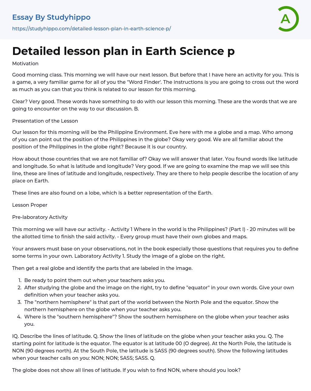 Detailed lesson plan in Earth Science p Essay Example
