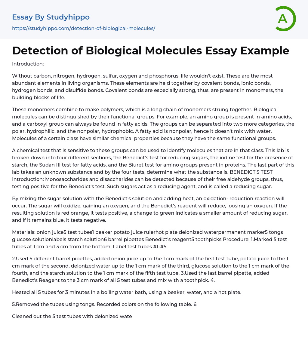 Detection of Biological Molecules Essay Example