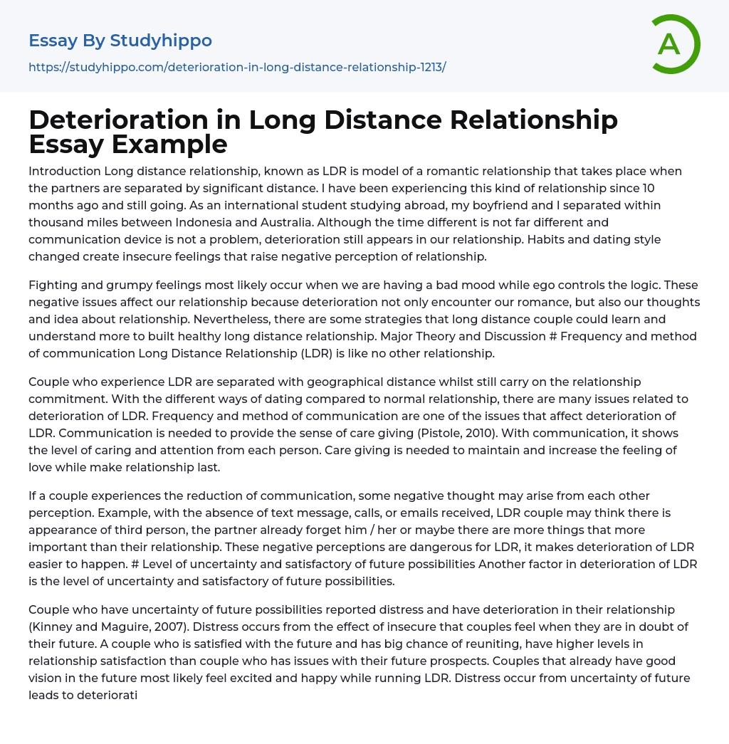 Deterioration in Long Distance Relationship Essay Example