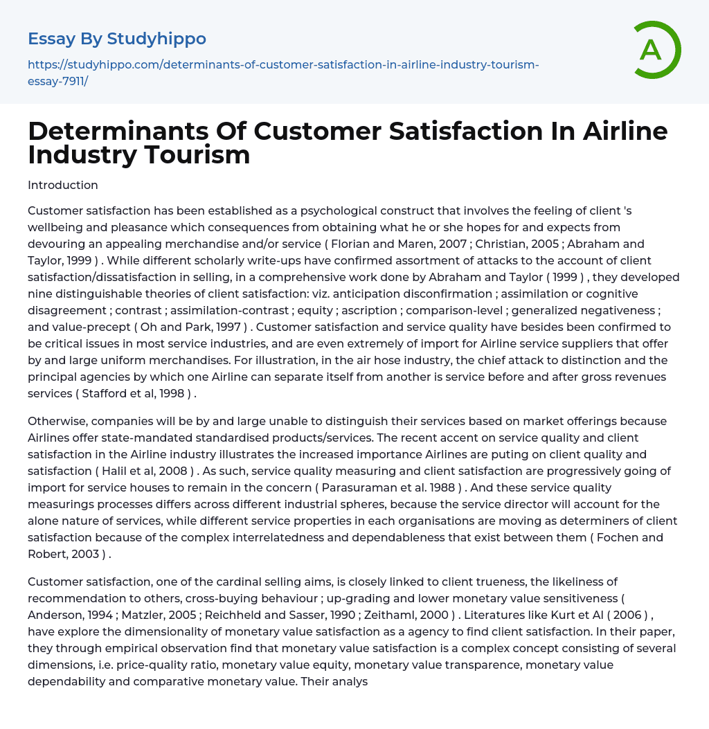 Determinants Of Customer Satisfaction In Airline Industry Tourism Essay Example