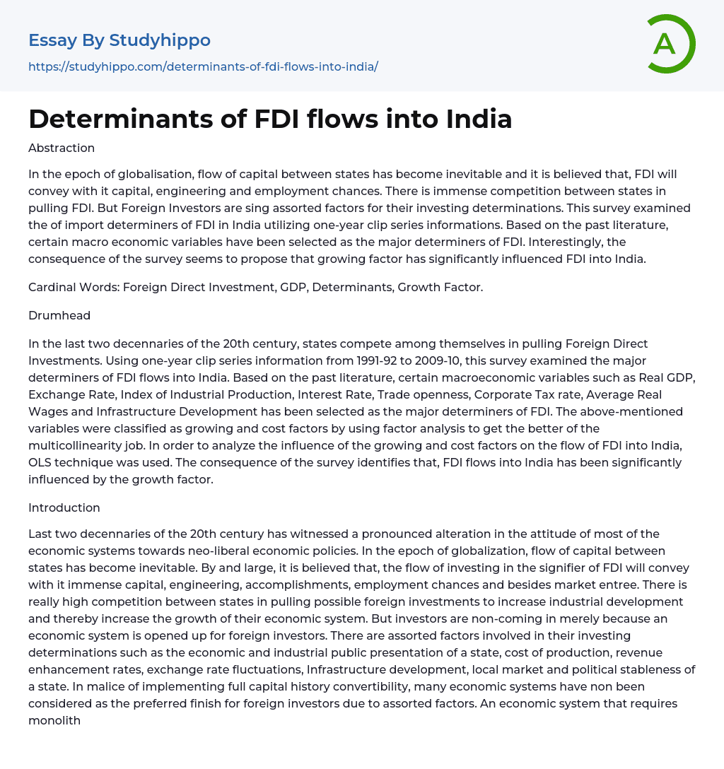 Determinants of FDI flows into India Essay Example