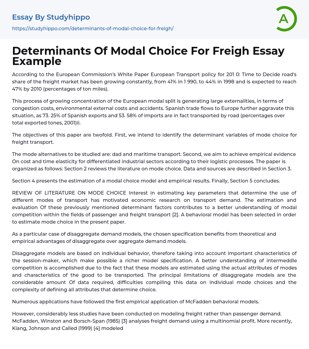 Determinants Of Modal Choice For Freigh Essay Example