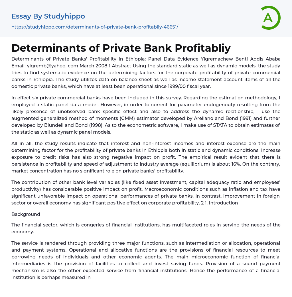 Determinants of Private Bank Profitabliy Essay Example