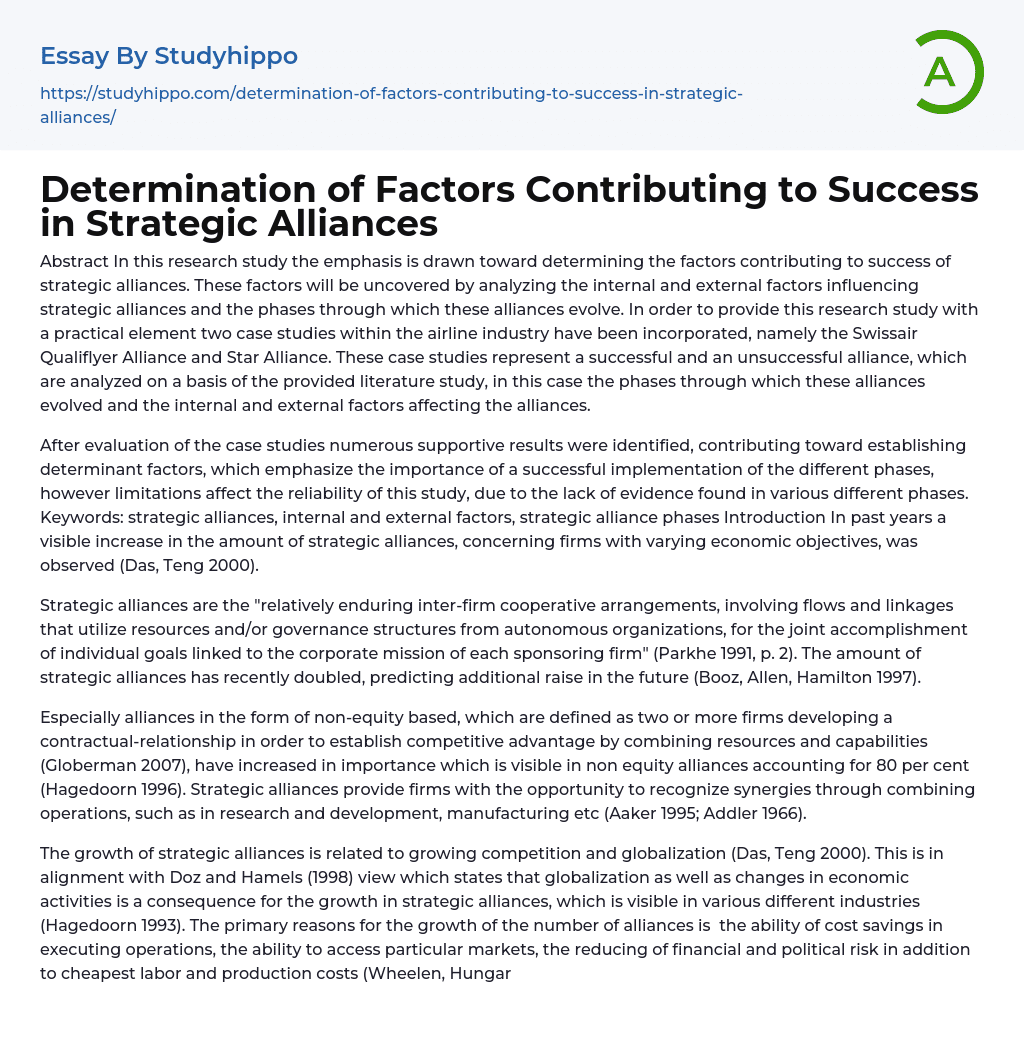 Determination of Factors Contributing to Success in Strategic Alliances Essay Example