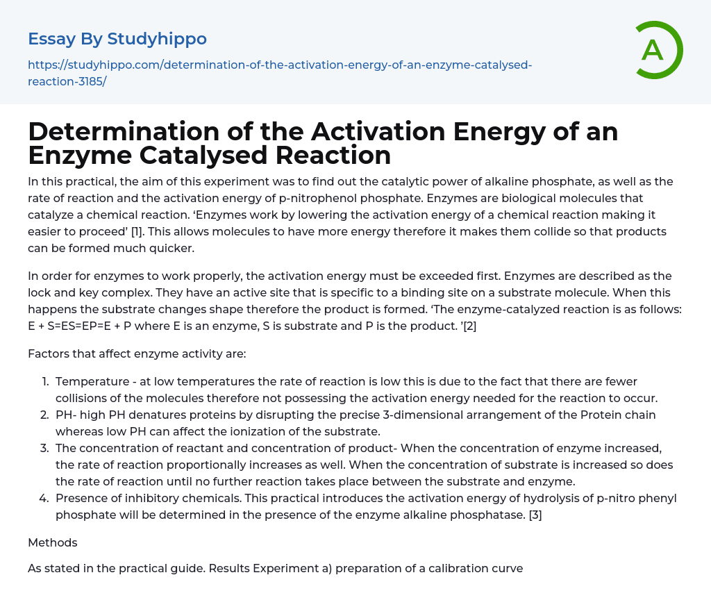 Determination of the Activation Energy of an Enzyme Catalysed Reaction Essay Example