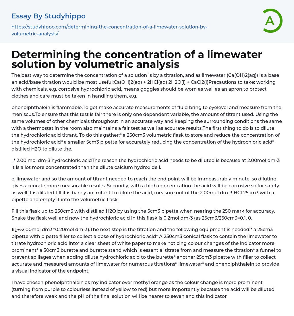 Determining the concentration of a limewater solution by volumetric analysis Essay Example