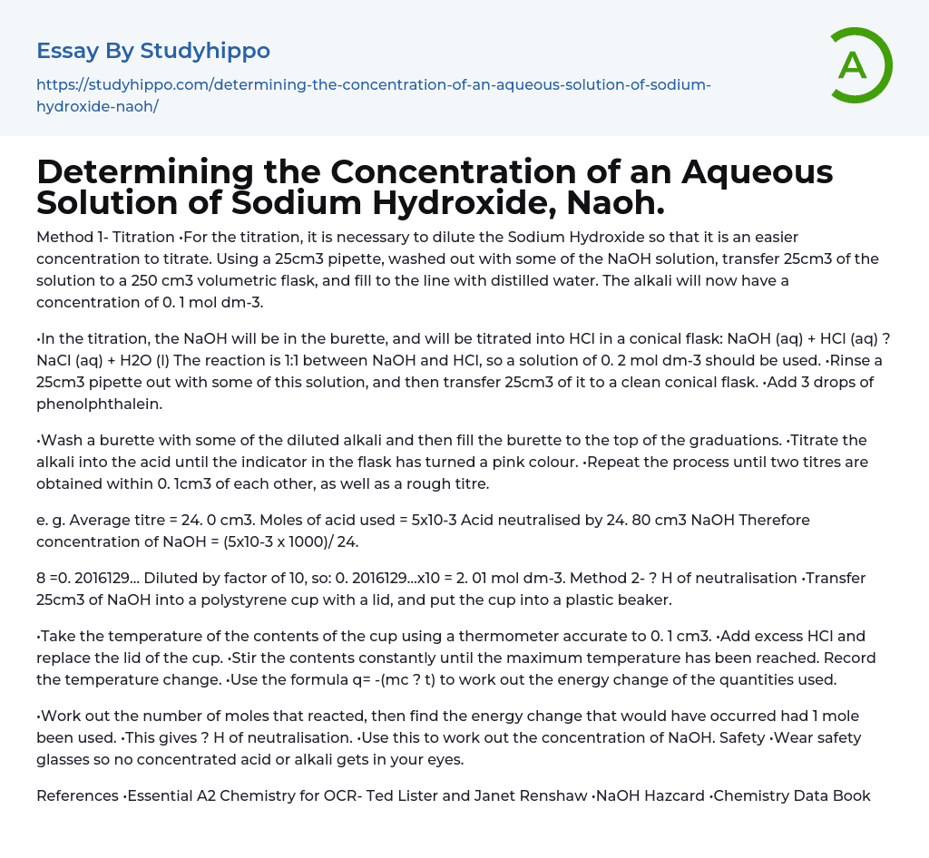 Determining the Concentration of an Aqueous Solution of Sodium Hydroxide, Naoh. Essay Example