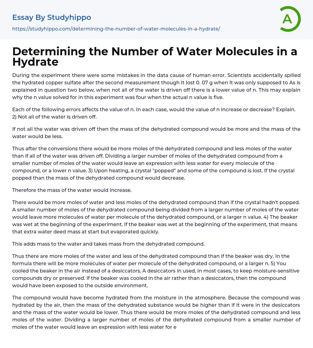 Determining the Number of Water Molecules in a Hydrate Essay Example