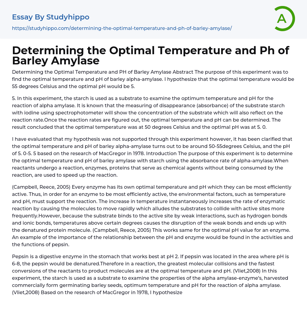 Determining the Optimal Temperature and Ph of Barley Amylase Essay Example