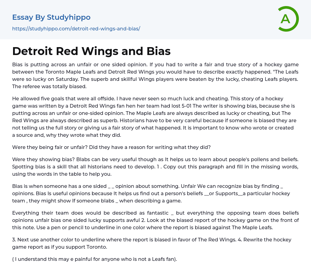 Detroit Red Wings and Bias Essay Example