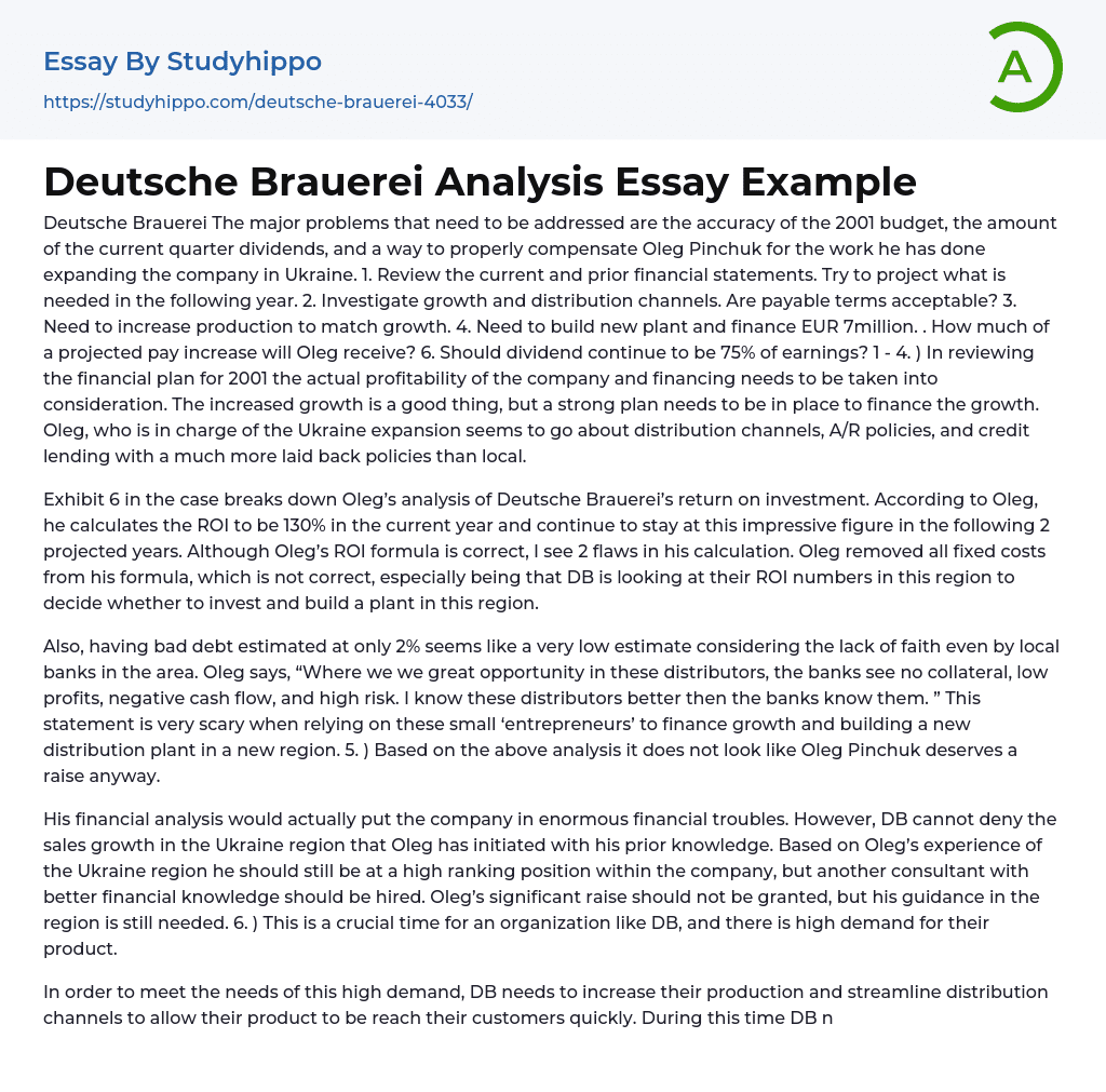 Deutsche Brauerei Analysis Essay Example