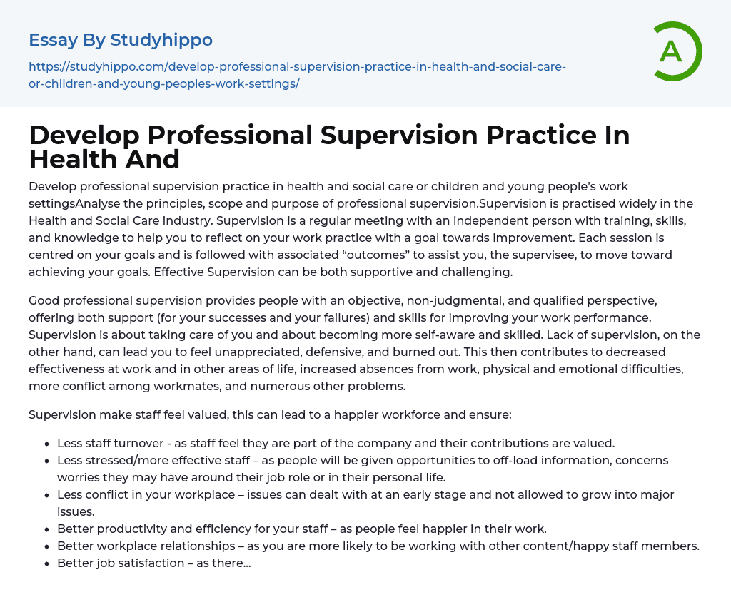 Develop Professional Supervision Practice In Health And Essay Example