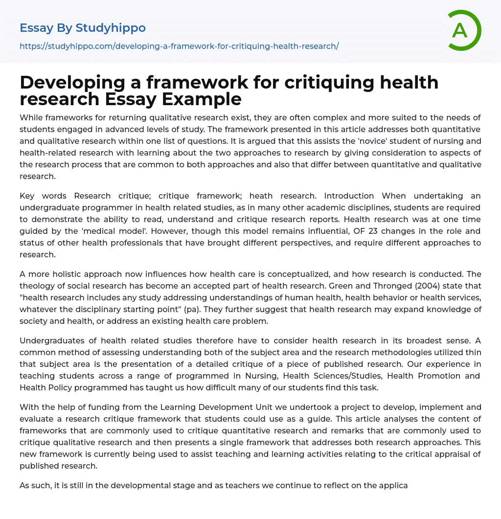 Developing a framework for critiquing health research Essay Example