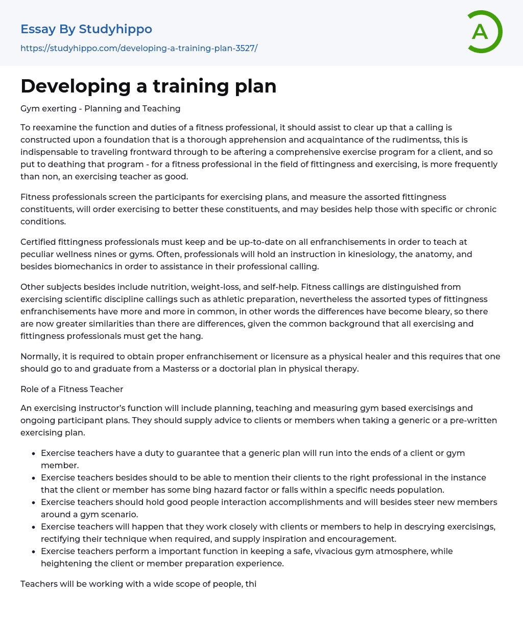 Developing a training plan Essay Example