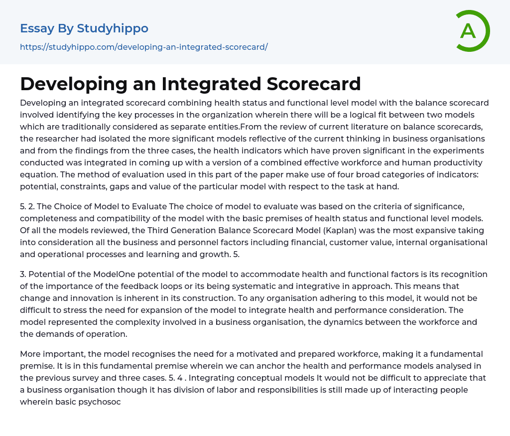Developing an Integrated Scorecard Essay Example