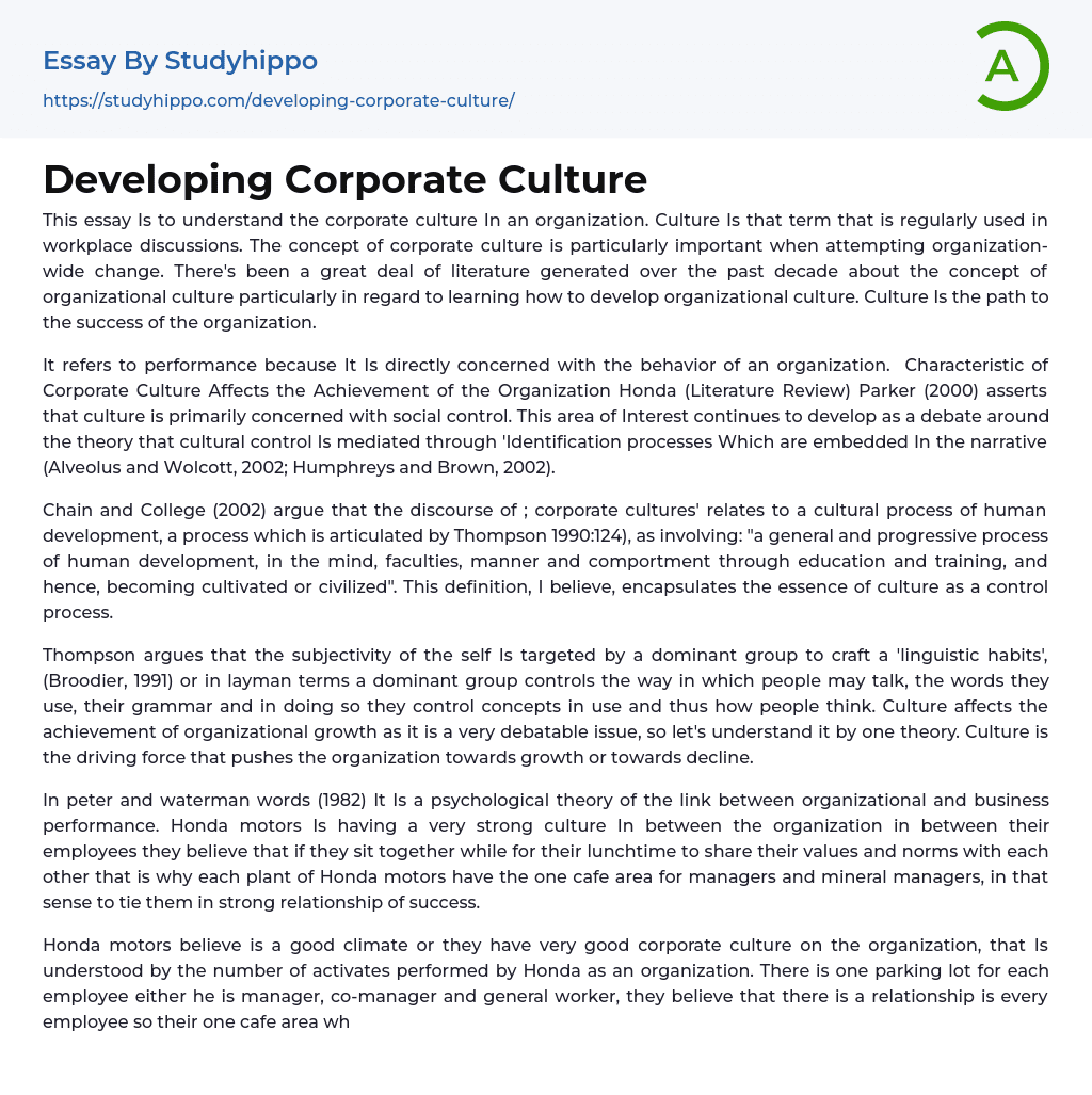 Developing Corporate Culture Essay Example