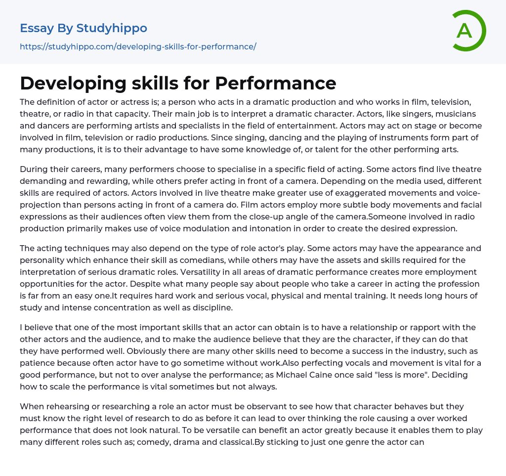 Developing skills for Performance Essay Example