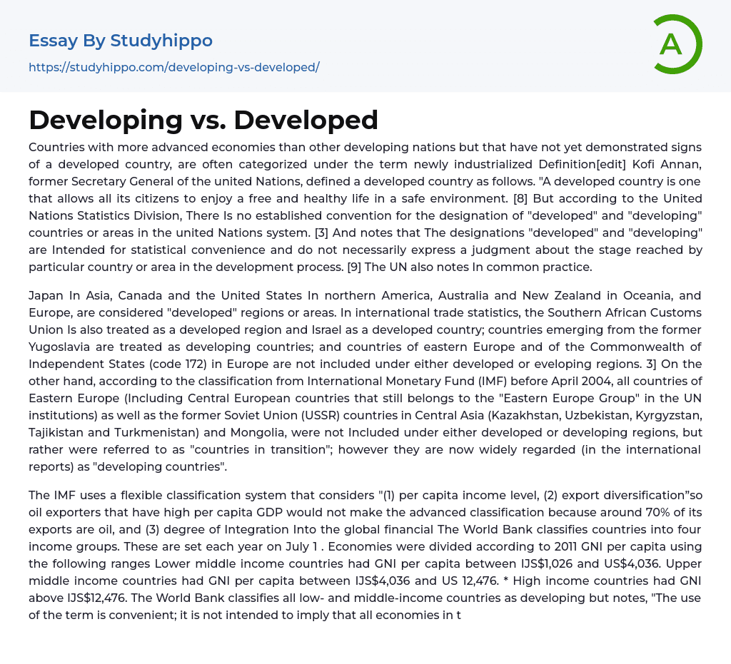 Developing vs. Developed Essay Example
