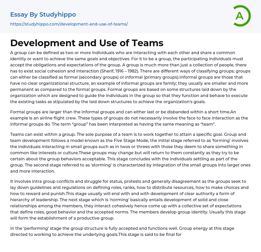 Development and Use of Teams Essay Example