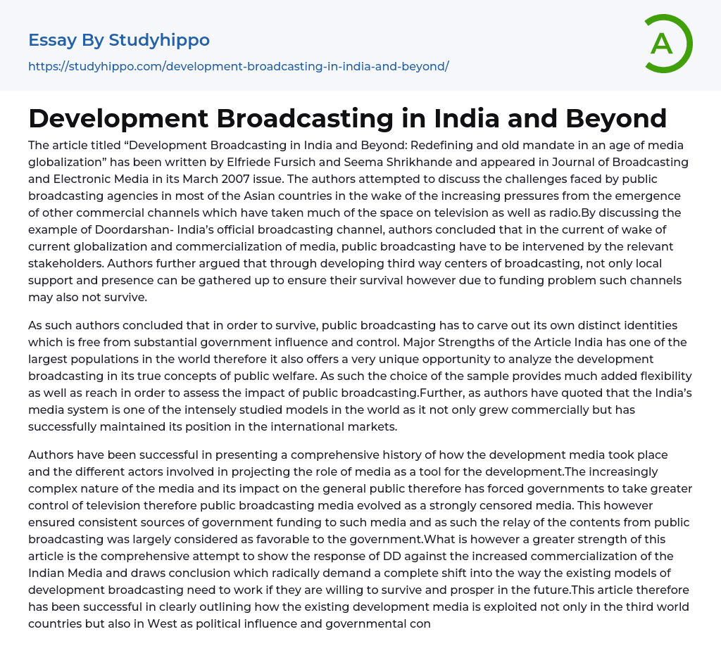 Development Broadcasting in India and Beyond Essay Example
