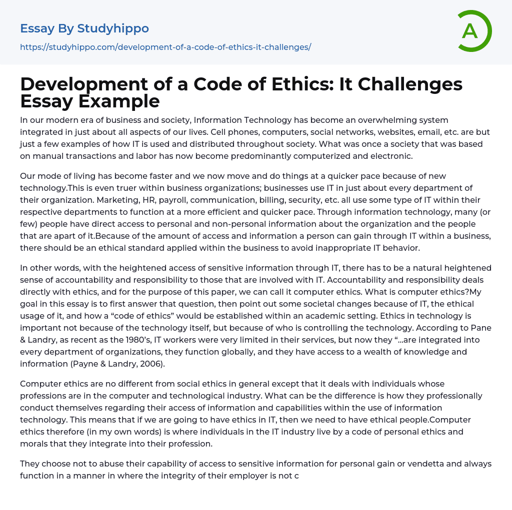 Development of a Code of Ethics: It Challenges Essay Example