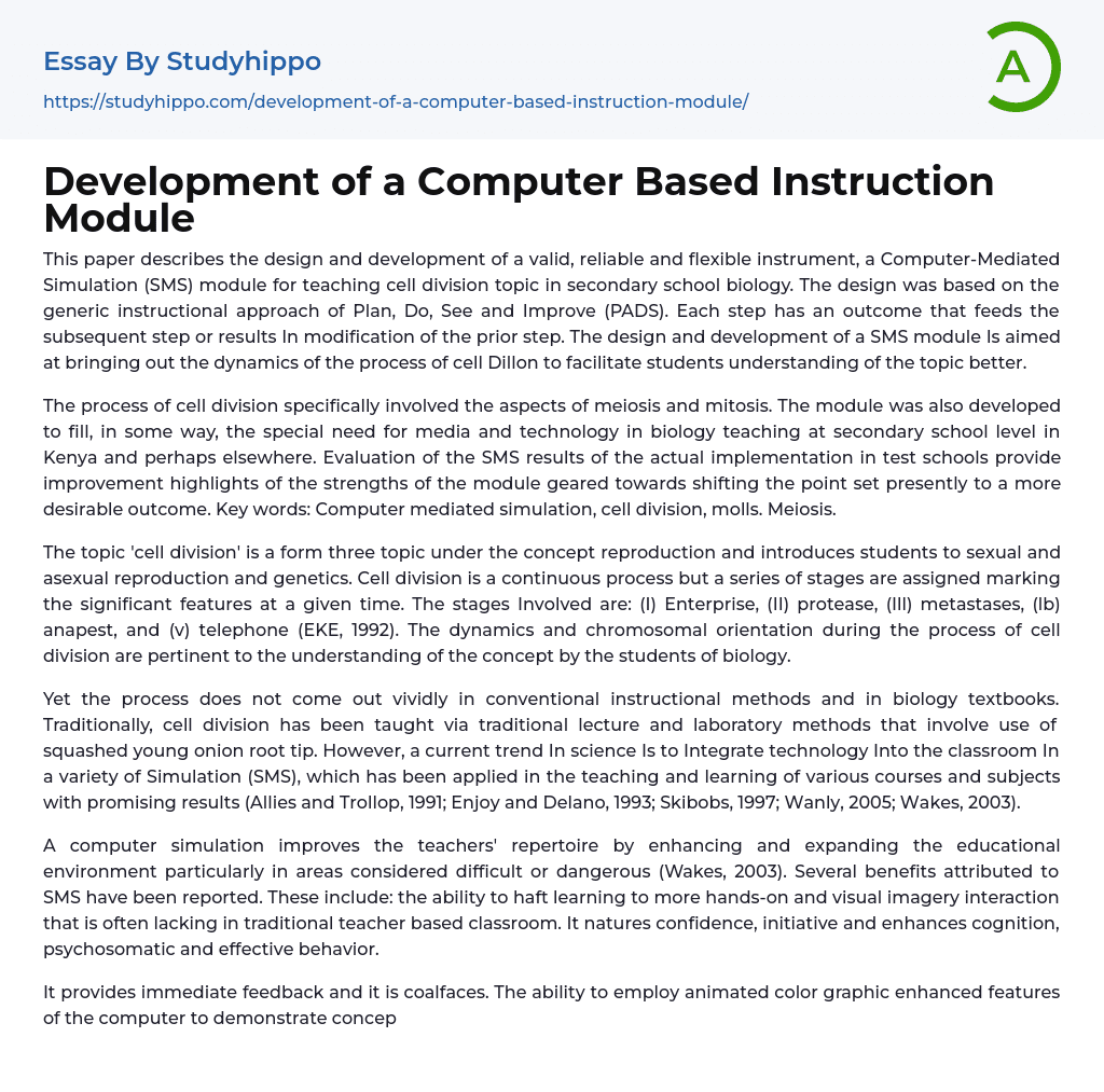 Development of a Computer Based Instruction Module Essay Example
