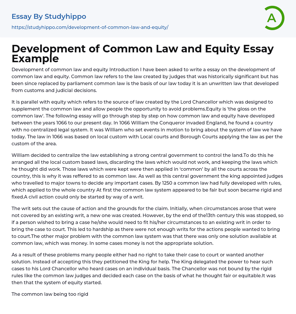 Development of Common Law and Equity Essay Example
