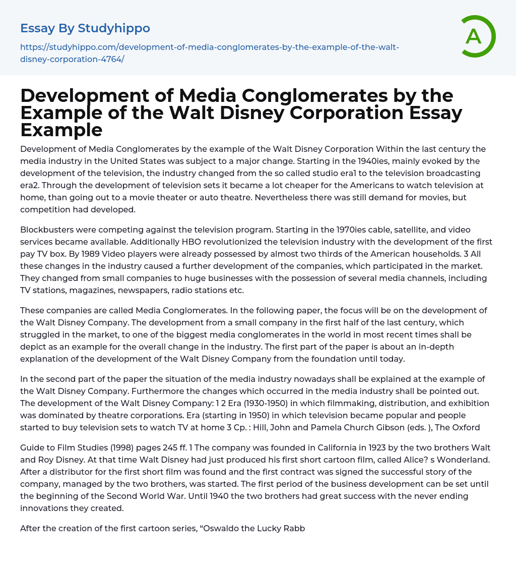 Development of Media Conglomerates by the Example of the Walt Disney Corporation Essay Example