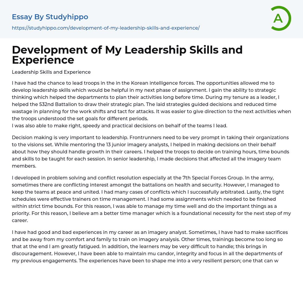 Development of My Leadership Skills and Experience Essay Example