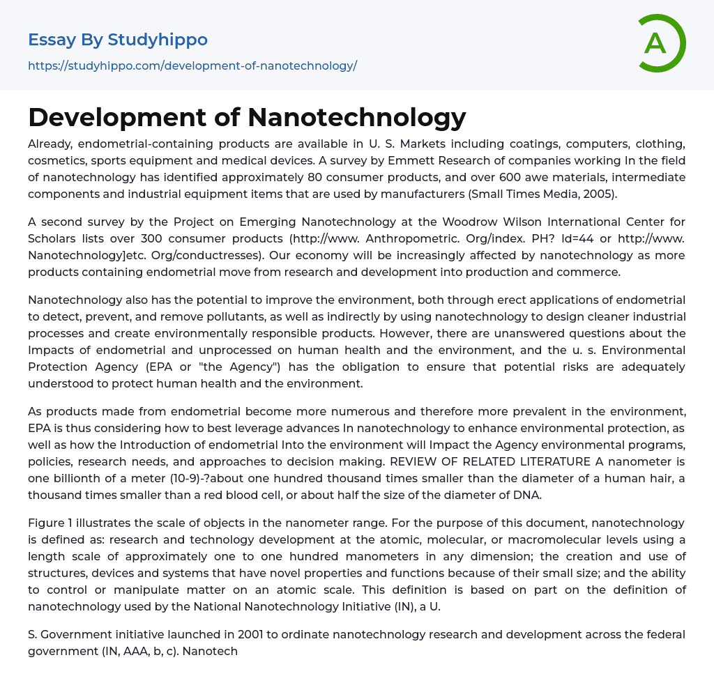 Development of Nanotechnology Essay Example