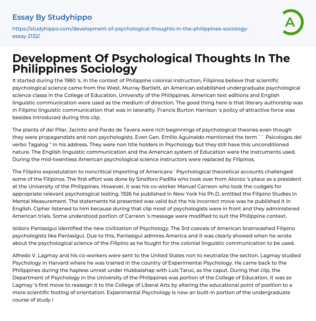 Development Of Psychological Thoughts In The Philippines Sociology Essay Example