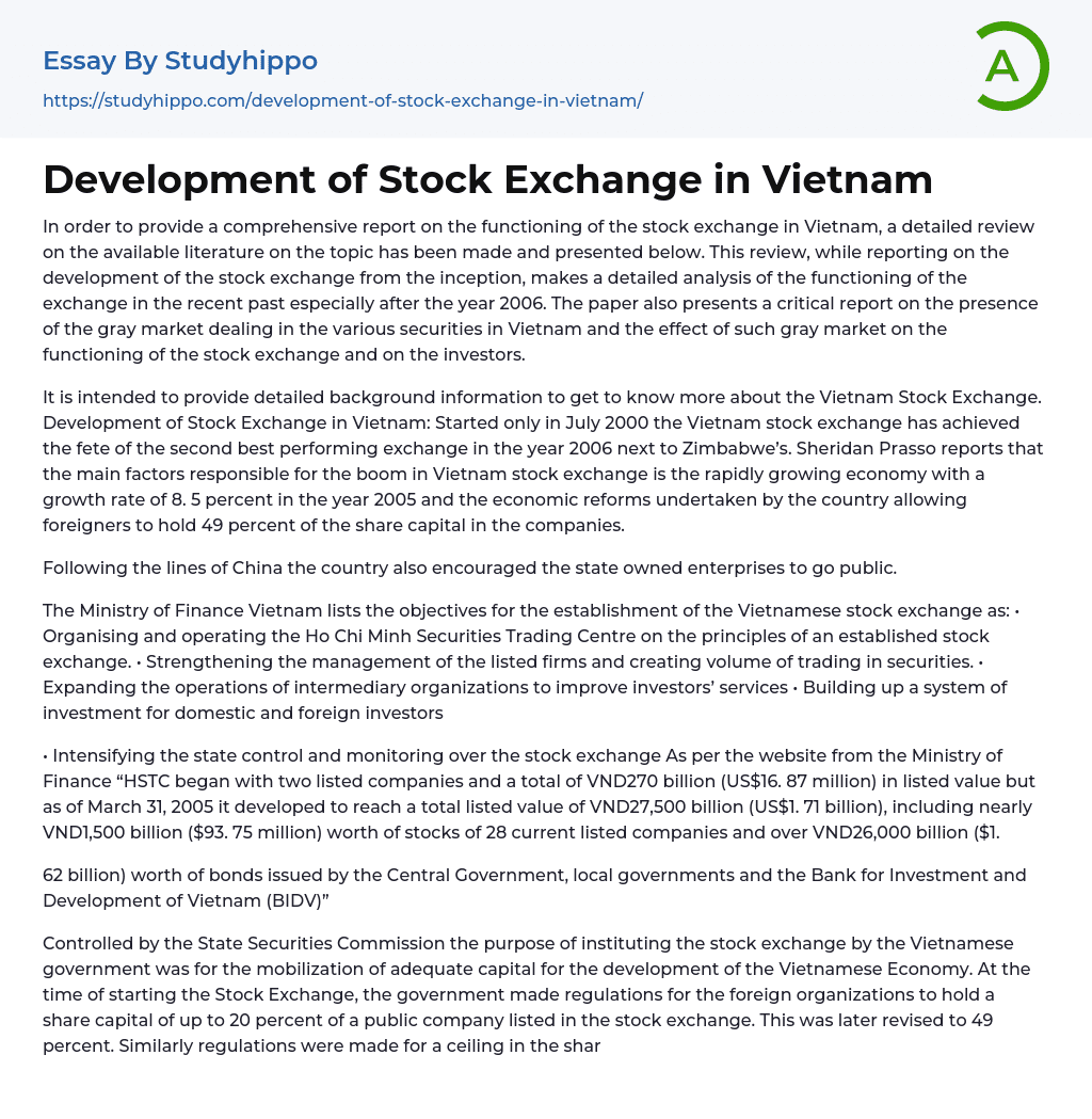 Development of Stock Exchange in Vietnam Essay Example