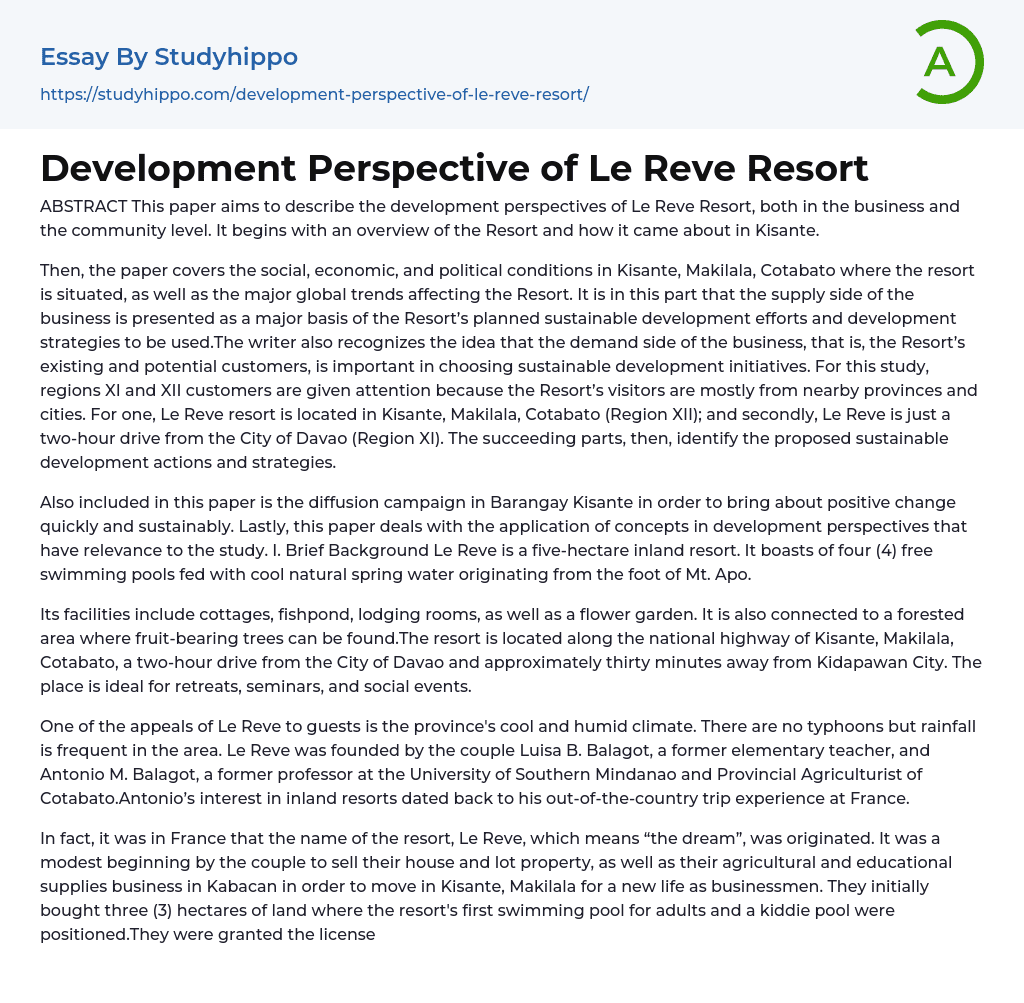 Development Perspective of Le Reve Resort Essay Example