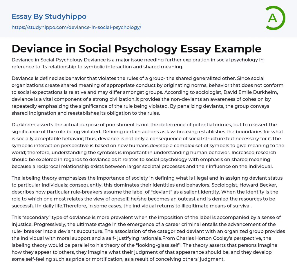 Deviance in Social Psychology Essay Example