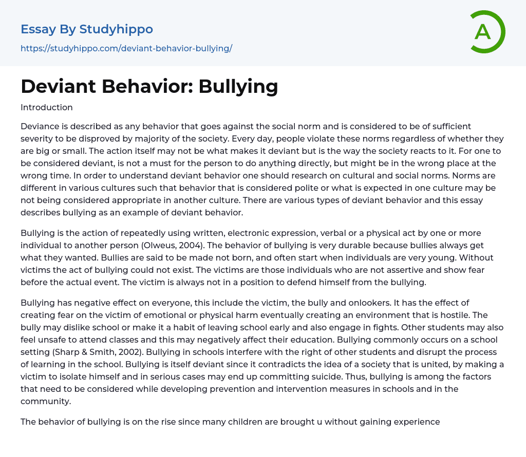Deviant Behavior: Bullying Essay Example