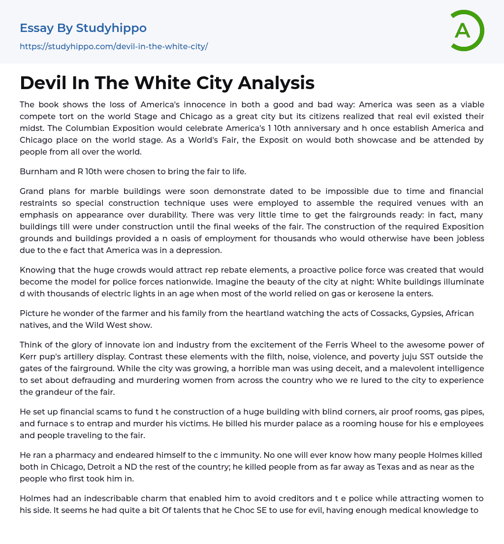 Devil In The White City Analysis Essay Example