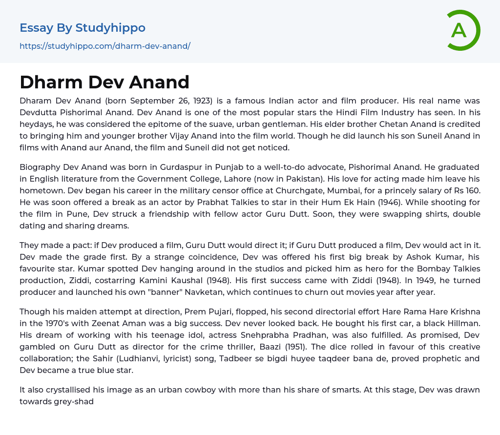 Dharm Dev Anand Essay Example