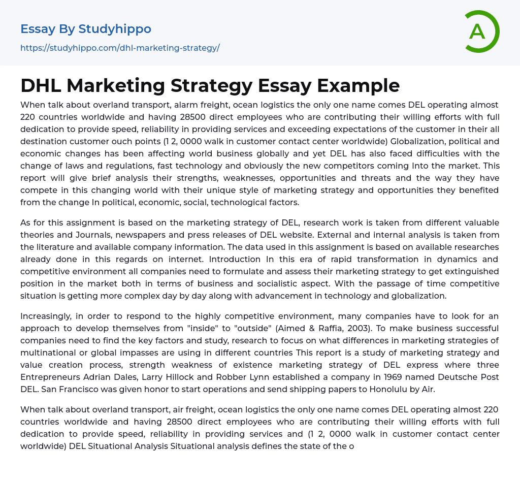 DHL Marketing Strategy Essay Example