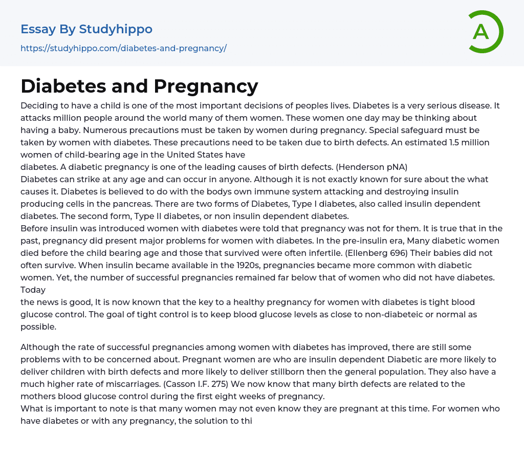 Diabetes and Pregnancy Essay Example
