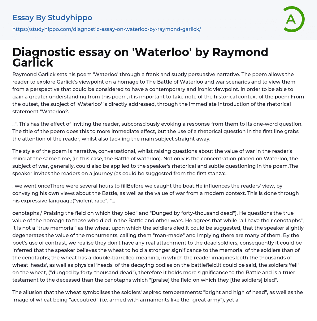 Diagnostic essay on ‘Waterloo’ by Raymond Garlick