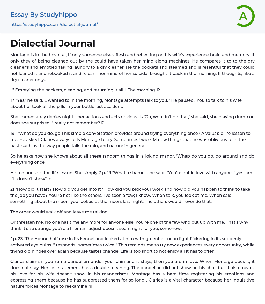Dialectial Journal Essay Example