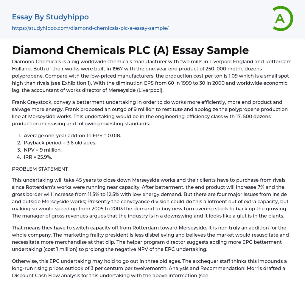 Diamond Chemicals PLC (A) Essay Sample