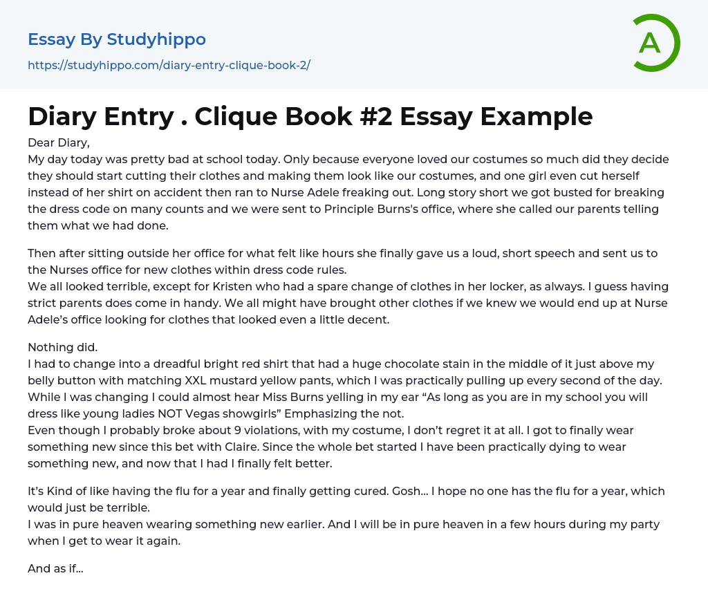 Diary Entry . Clique Book #2 Essay Example